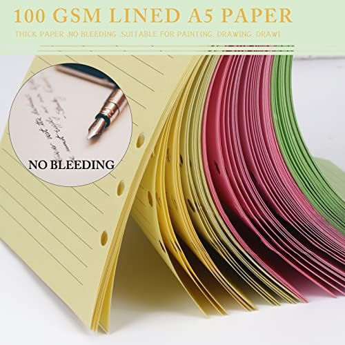 Bisivio A5 נייר מילוי צבעוני, 5 חבילות [5 צבעים 150 גיליונות 300 עמודים] נייר עלים רופף A5, 6 מחברת חור מילוי